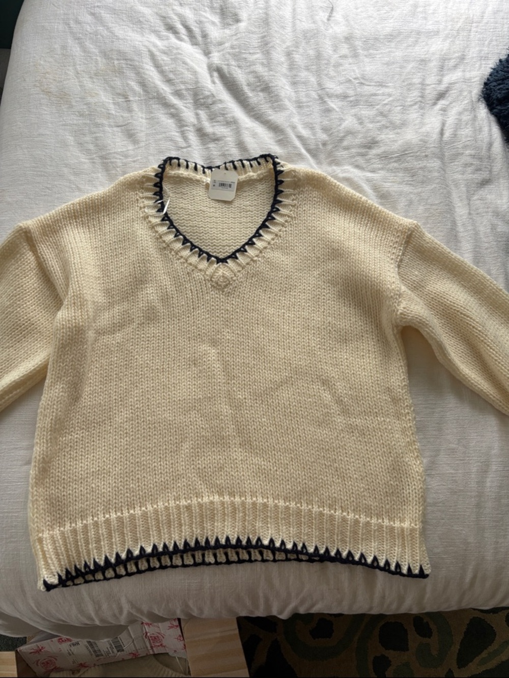 Altar'd State Cream V-Neck Sweater with Navy Trim